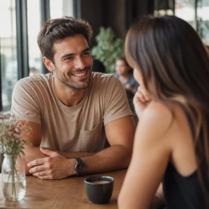 Couple chatting over coffee on a relaxed first date