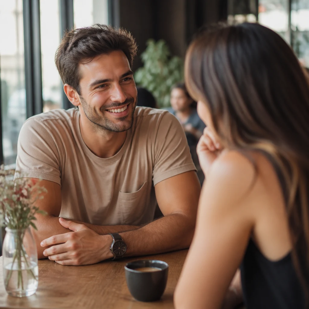 Couple chatting over coffee on a relaxed first date