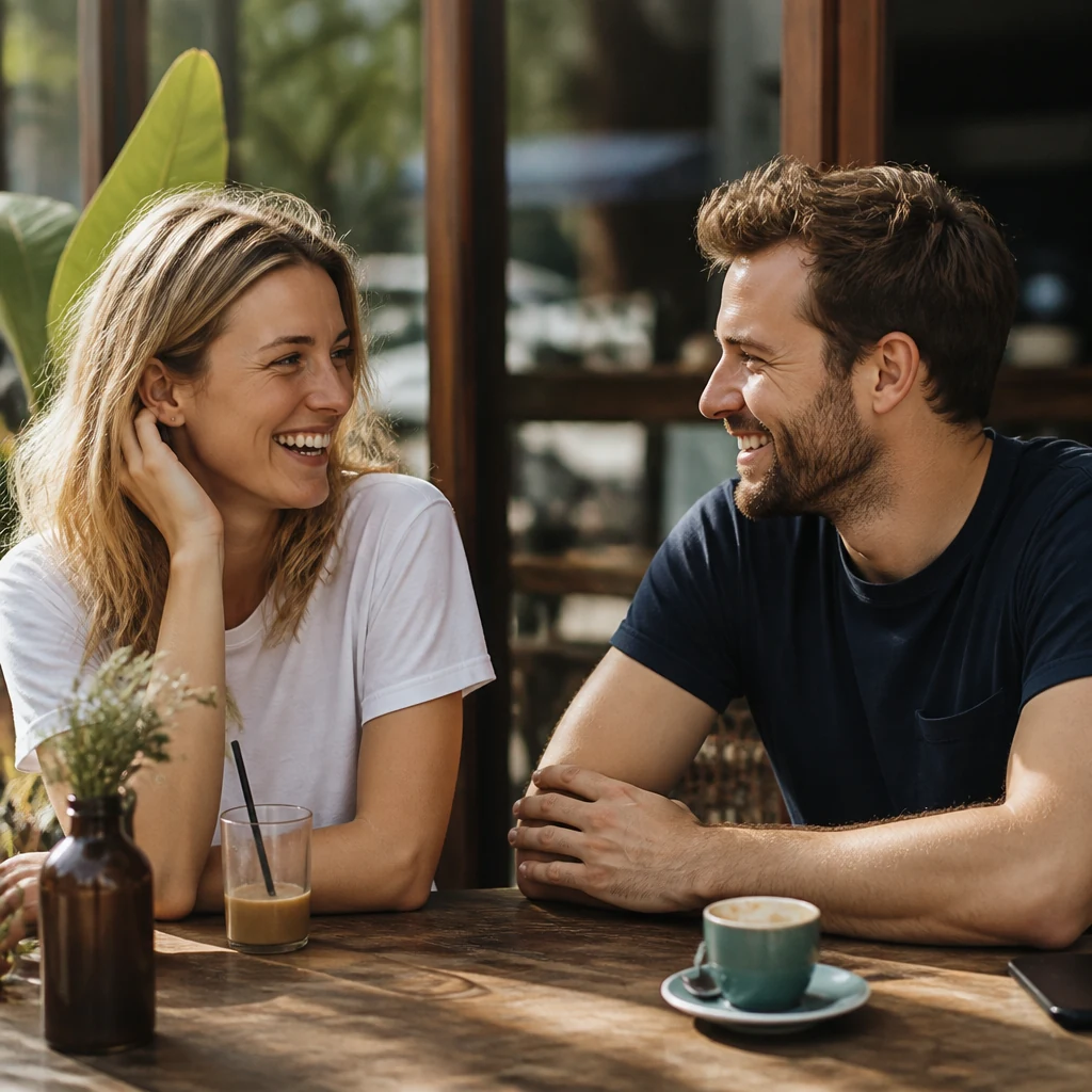 Two people laughing during a light-hearted first conversation