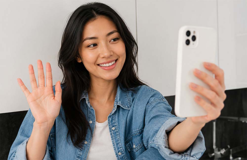 Smiling woman holding her phone during a video ID verification call
