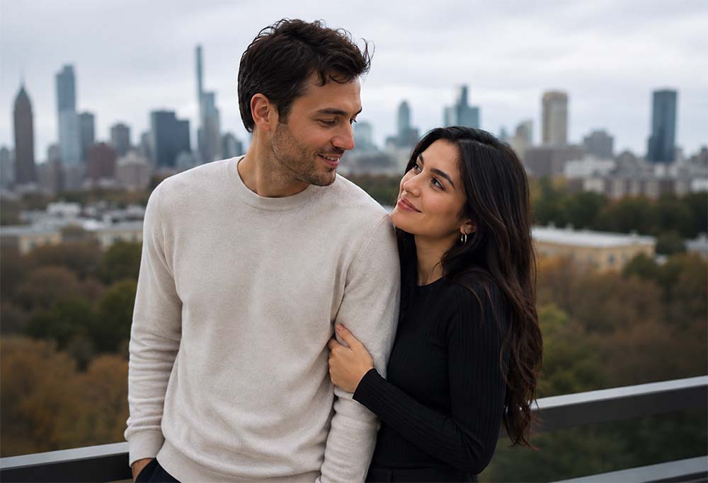 Affectionate couple standing on a city lookout at dusk, representing private match photos shared only with permission