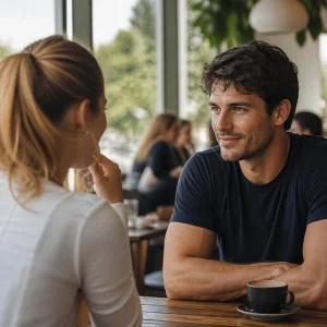 Couple chatting over coffee on a relaxed first date