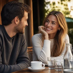 Couple chatting over coffee on a relaxed first date