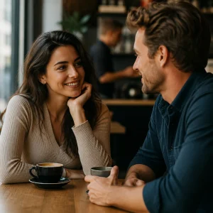 Two singles sharing a warm conversation with subtle chemistry