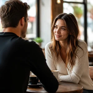 Two people laughing during a light-hearted first conversation