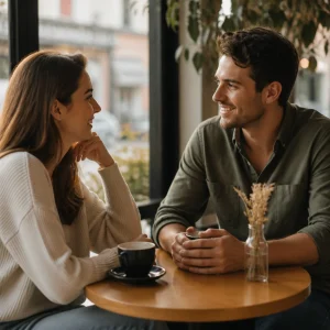 Two people laughing during a light-hearted first conversation