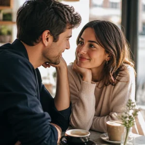 Couple sharing a close romantic moment in soft natural light