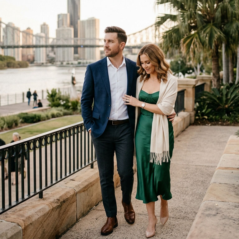 Man and woman on their date dressed elegantly, walking along the water in Brisbane