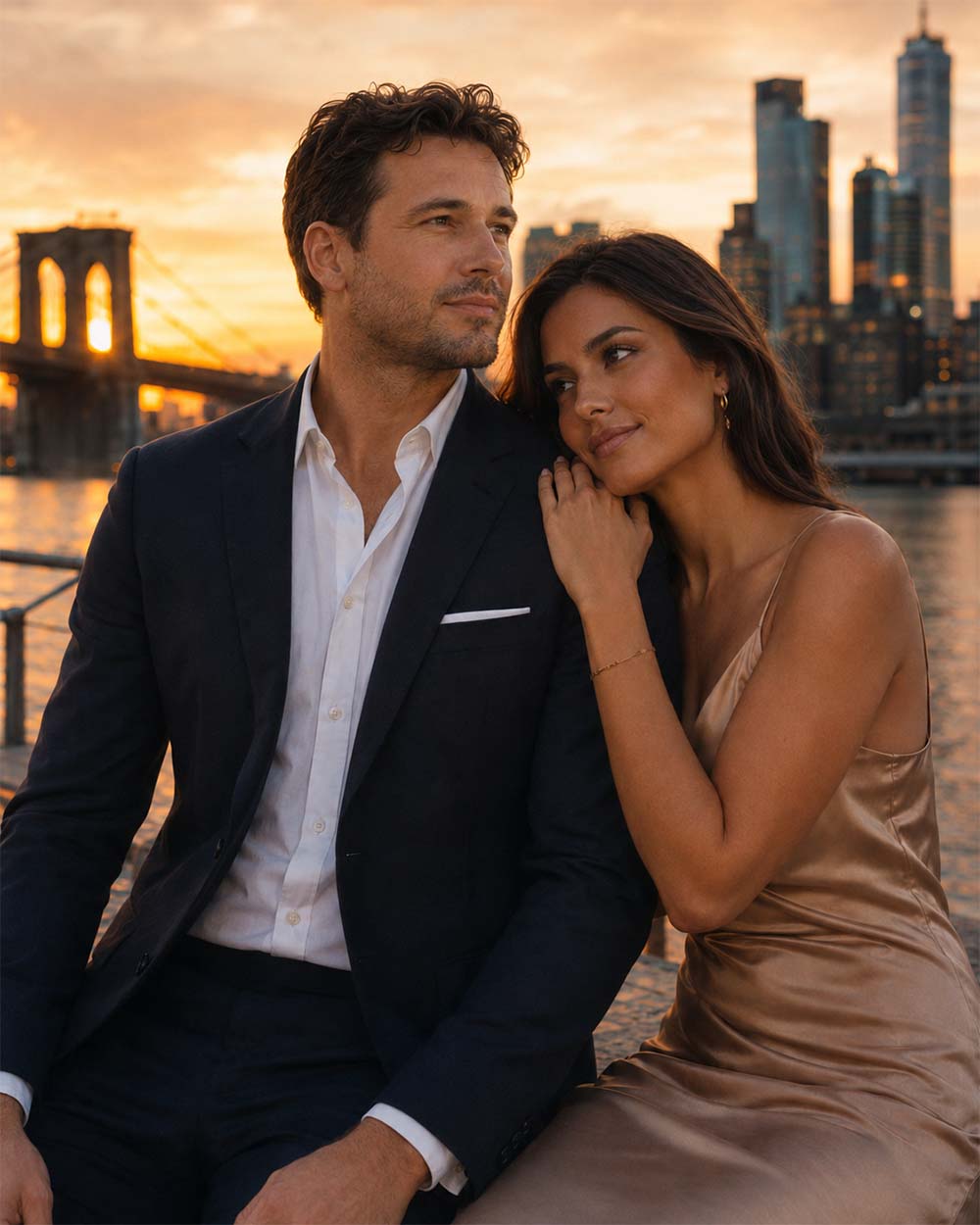 Find Fit Love couple matching with romantic sunset and Brisbane CBD backdrop.