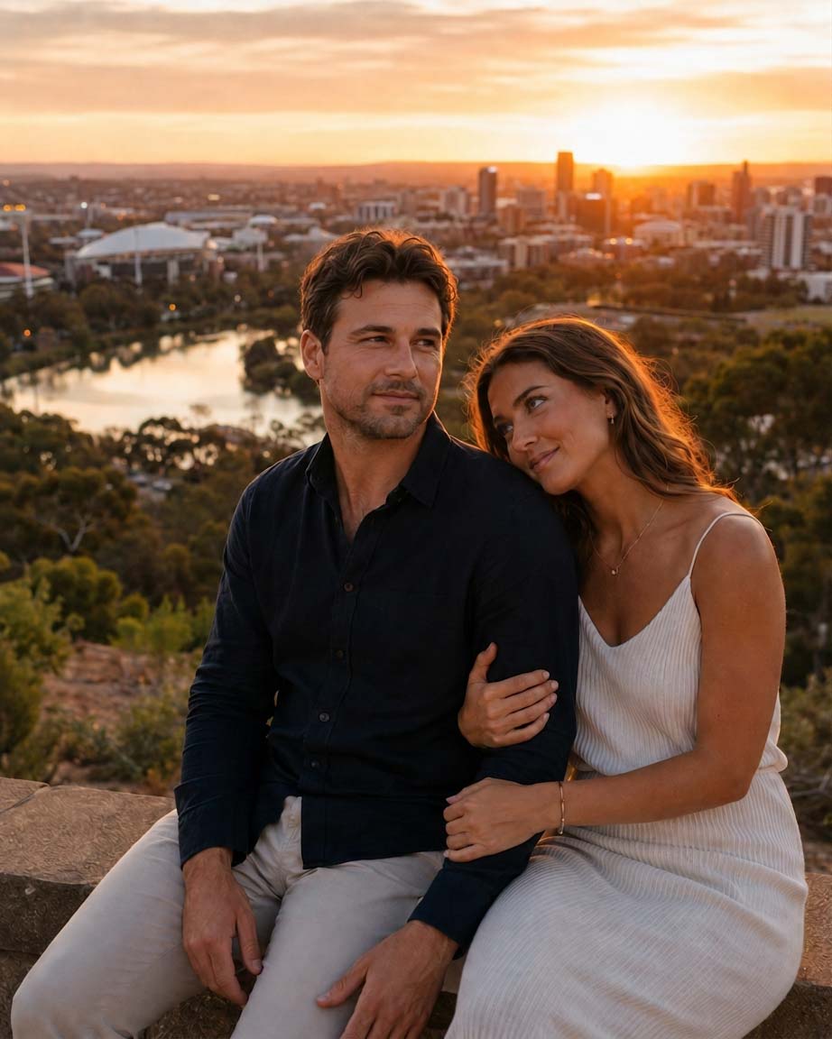 Couple sitting together on a stone wall at a lookout overlooking Adelaide at sunset with the River Torrens and the city skyline below
