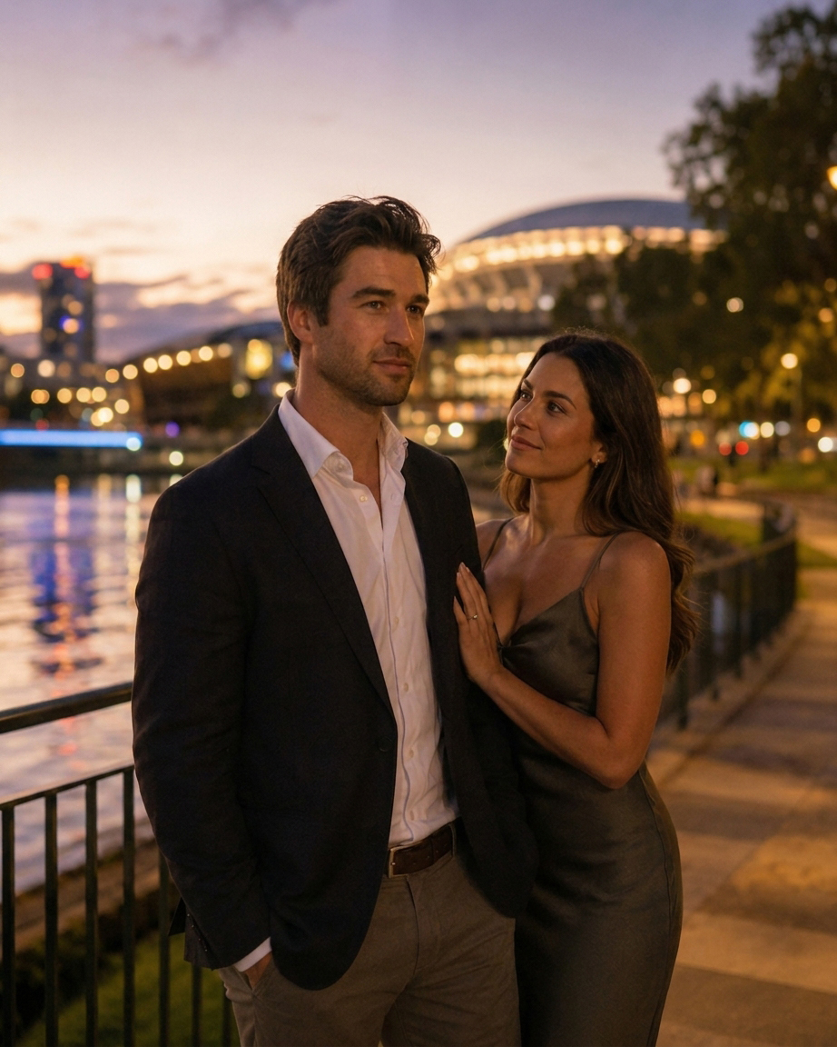 Couple standing on the River Torrens riverbank in Adelaide at dusk with Adelaide Oval lit up across the water