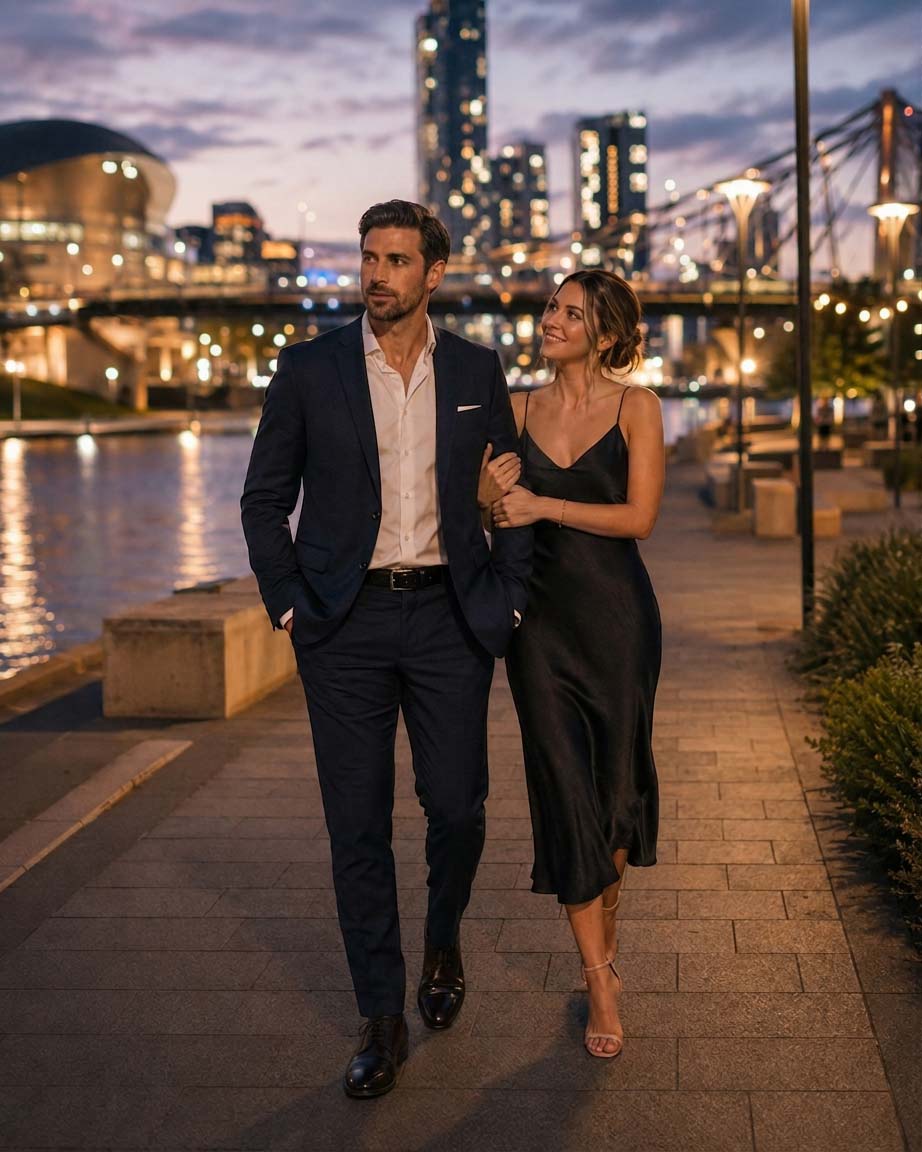 Couple walking together along the Adelaide Riverbank promenade at night with the city lights reflecting on the water