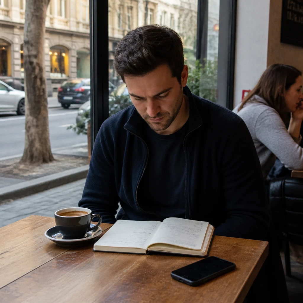 Man taking a break from dating apps in a Melbourne cafe