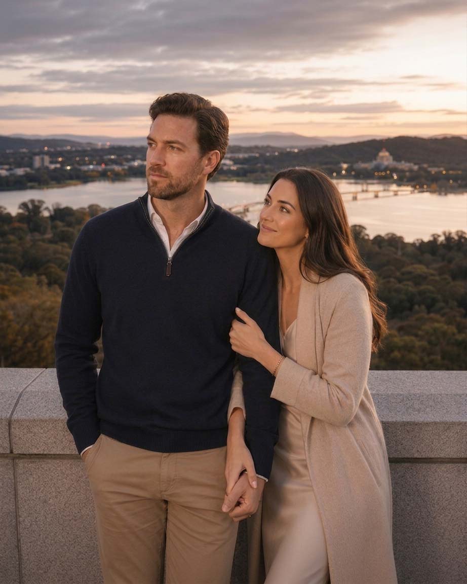 Couple standing at an elevated lookout above Lake Burley Griffin in Canberra at sunset with the city and hills beyond