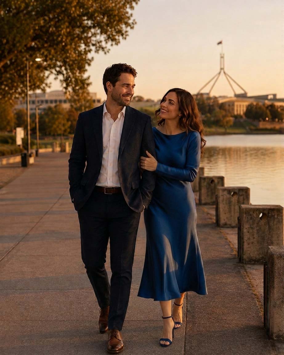Couple walking arm in arm along a lakeside path in Canberra at golden hour with Parliament House behind them