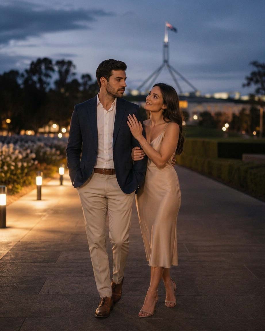 Couple walking together along a lit garden path in Canberra at night with Parliament House illuminated behind them