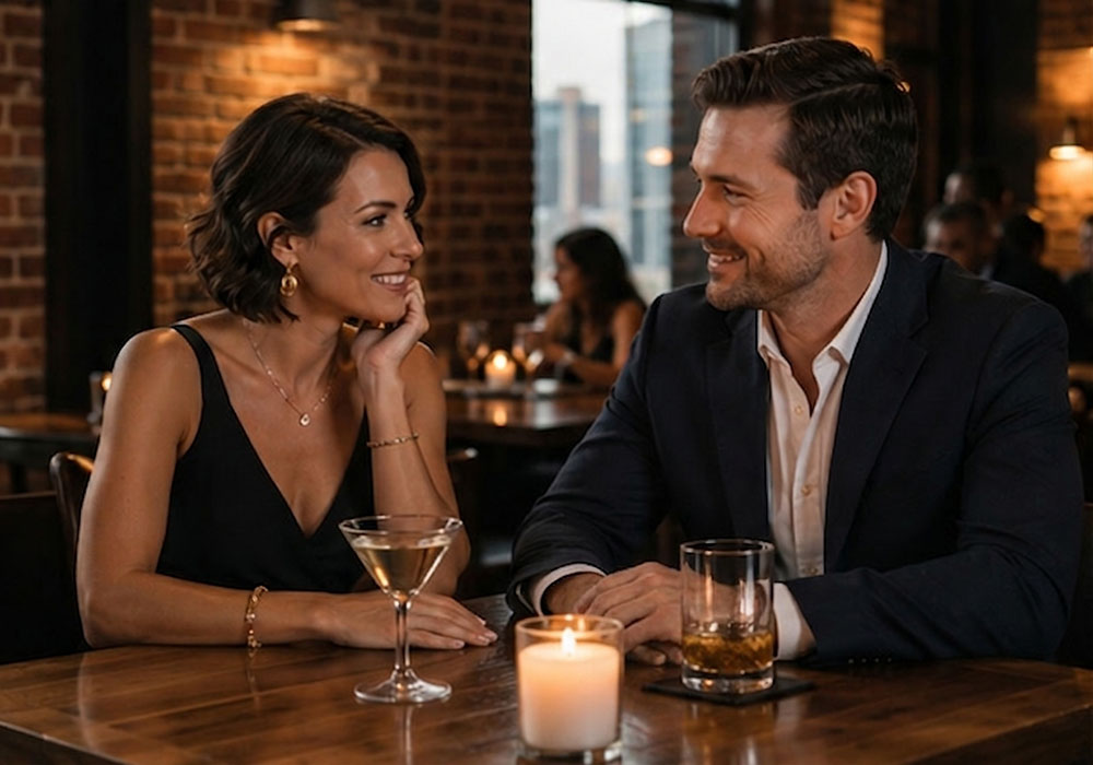 Couple talking over drinks at a candlelit Gold Coast restaurant on a first date