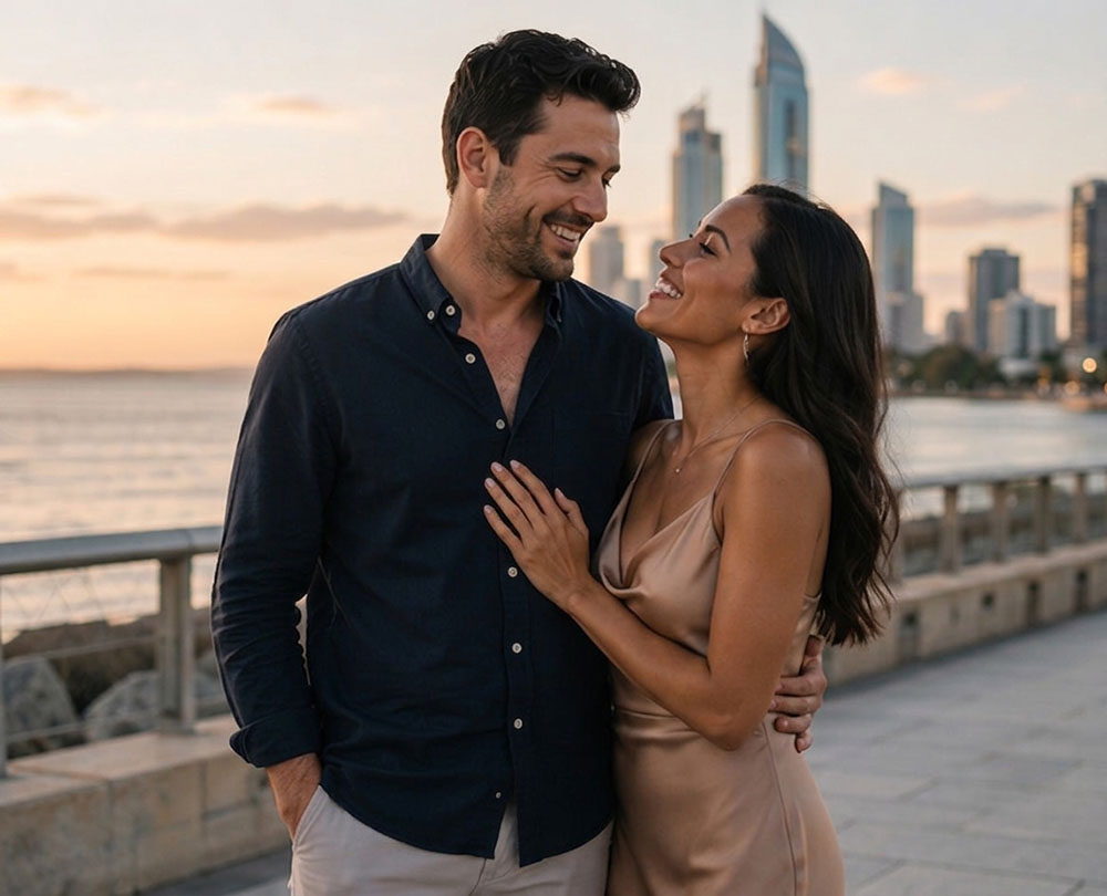 Couple laughing together on a Gold Coast waterfront promenade at sunset with the Surfers Paradise skyline behind them