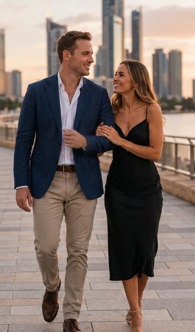 Couple walking arm in arm along a Gold Coast promenade at sunset with the Surfers Paradise high-rise skyline behind