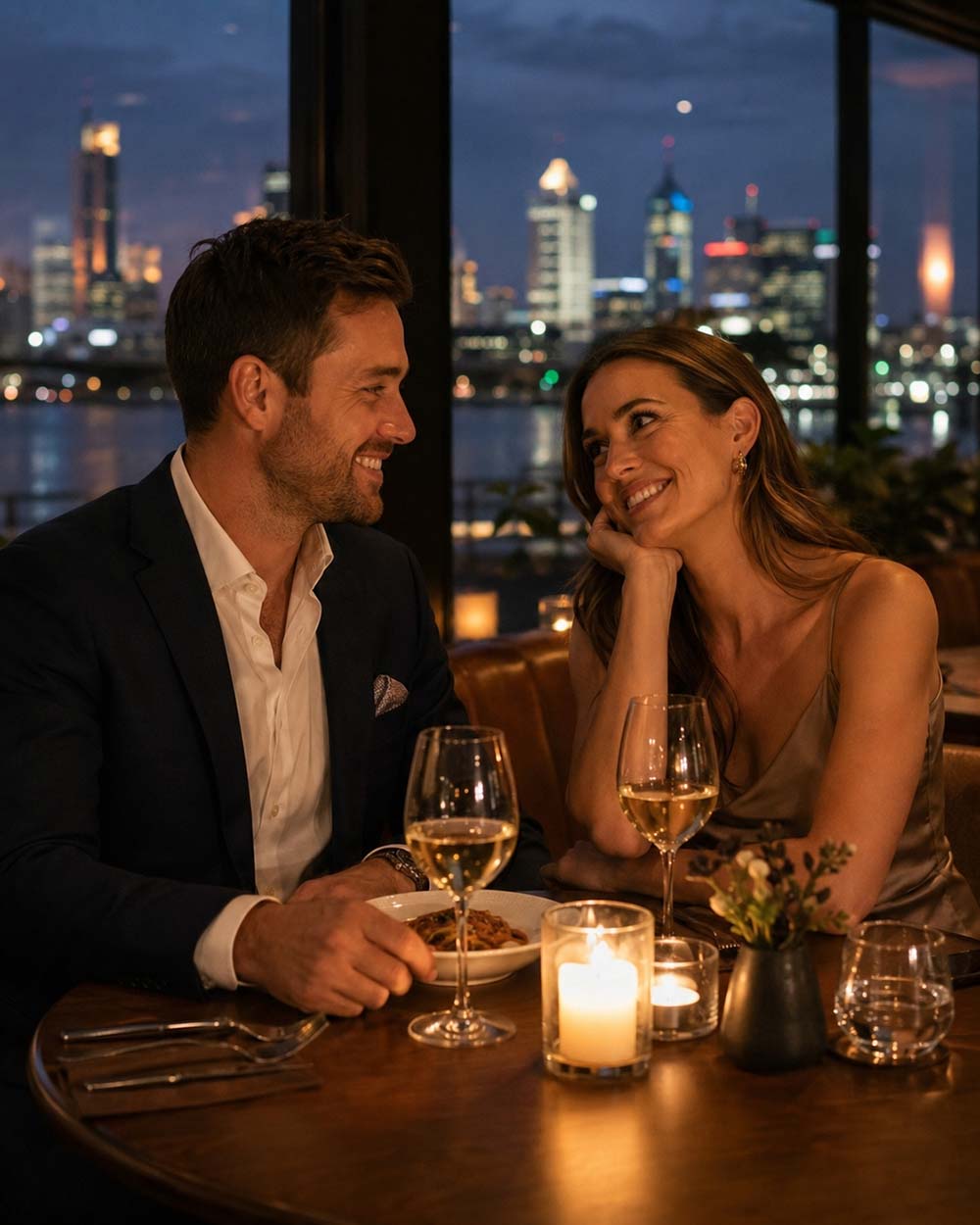 Couple on a first date at a candlelit Perth restaurant with the city skyline visible through the window