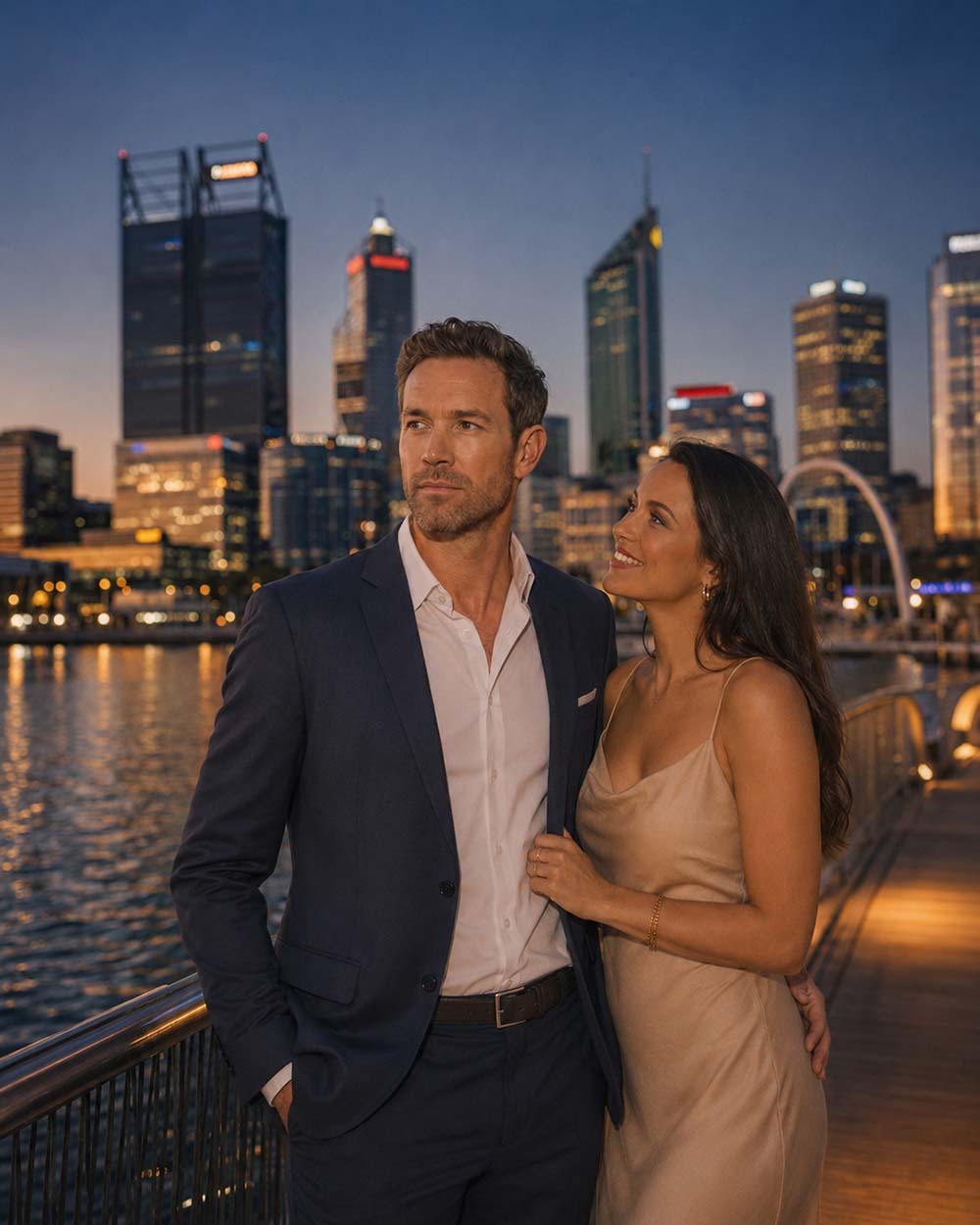 Couple standing at a railing on the Elizabeth Quay waterfront in Perth at dusk with the city skyline lit behind them