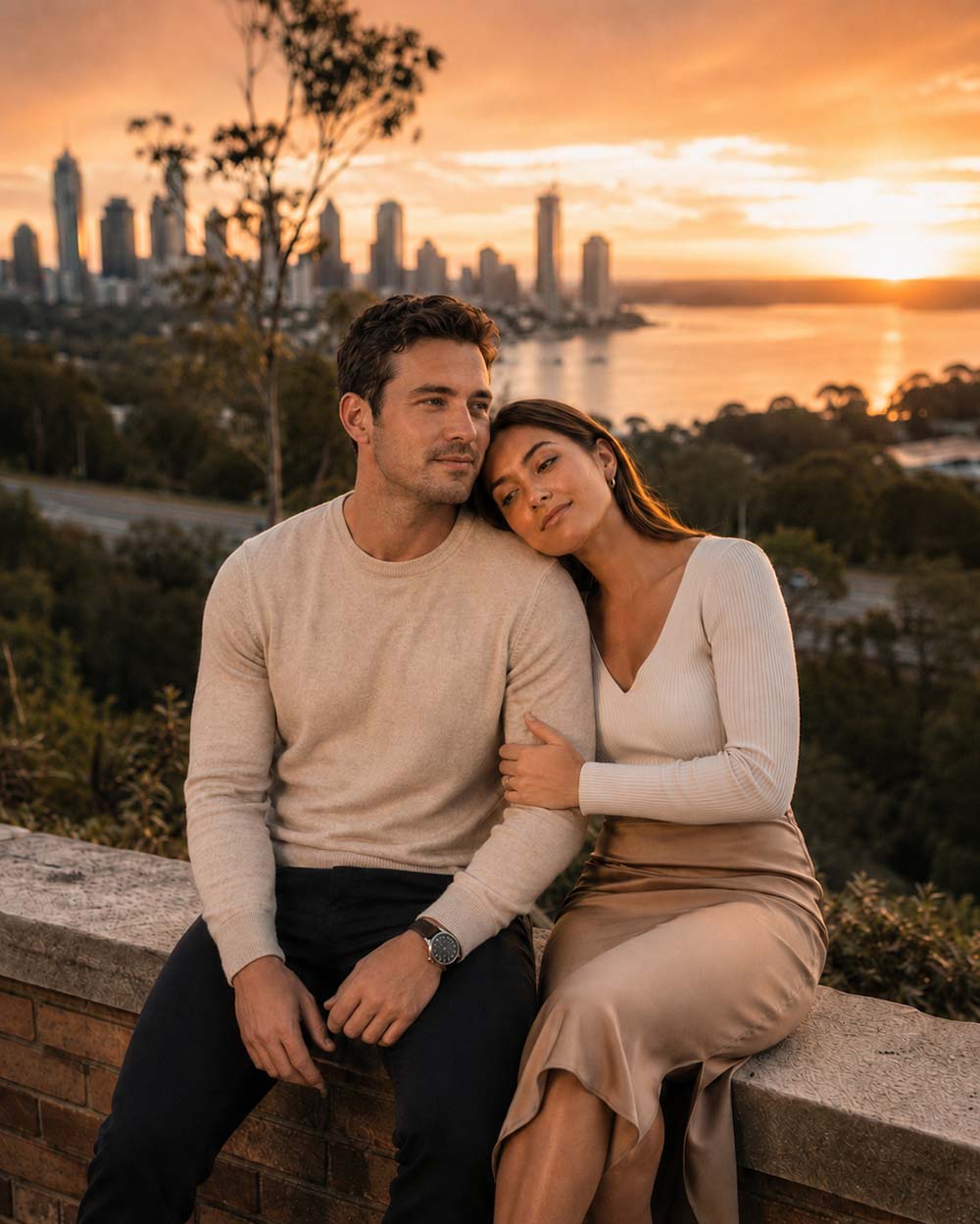 Couple sitting together on a stone wall at a lookout above the Swan River at sunset with the Perth skyline in the distance