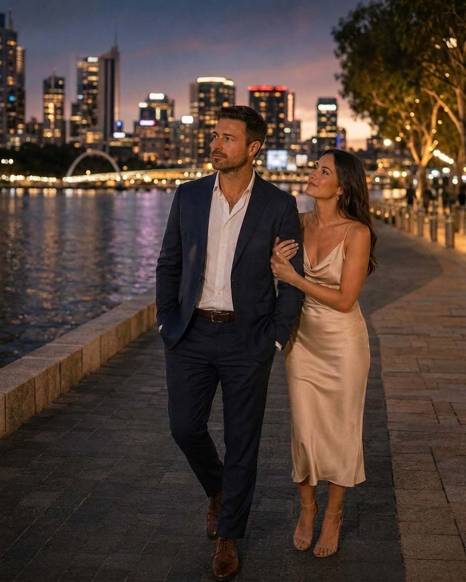 Couple walking together along the Elizabeth Quay waterfront in Perth at night with the city lights reflecting on the water