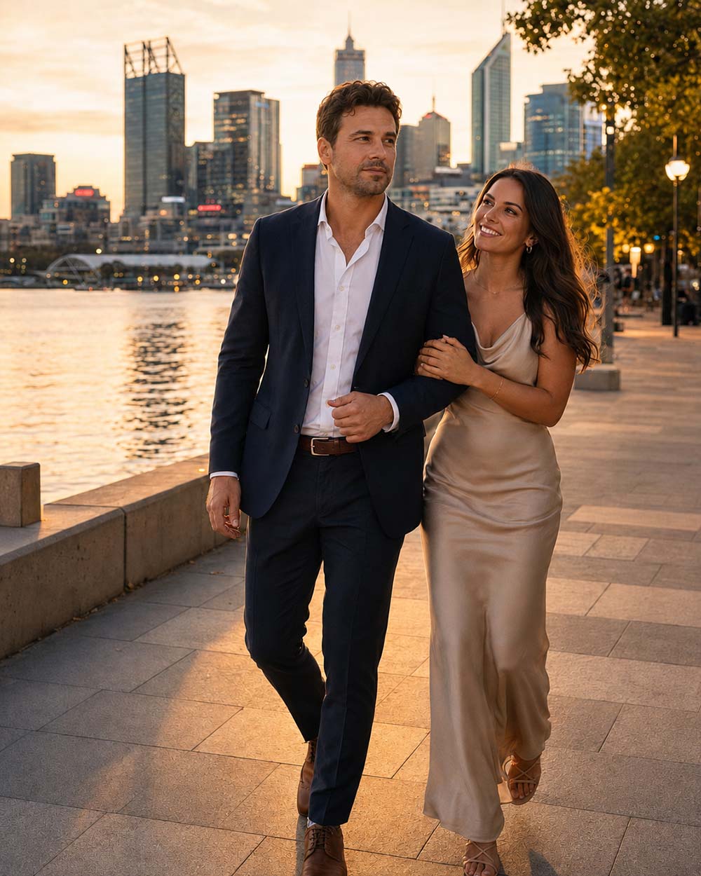 Couple walking arm in arm along a Perth waterfront promenade at sunset with the Perth CBD skyline behind them