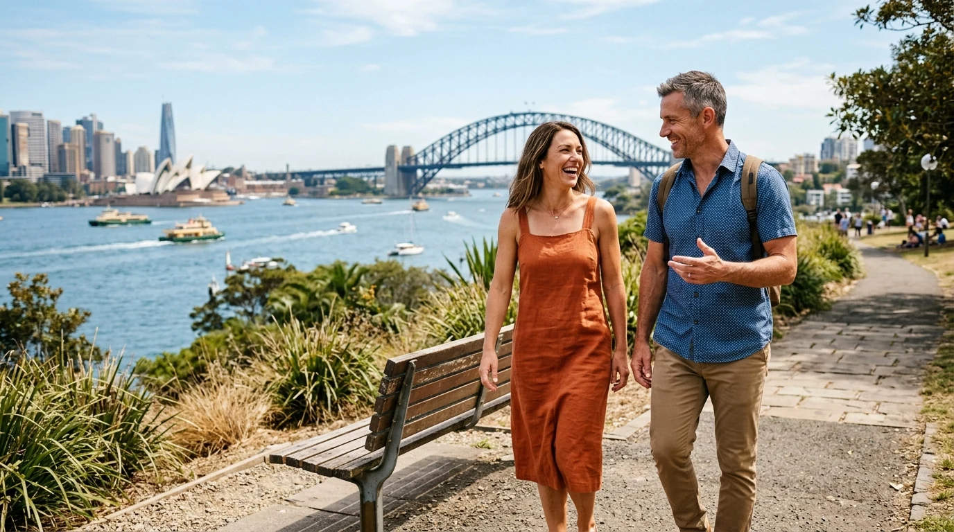 Couple in their forties walking together at a park bench above the harbour in Sydney at midday