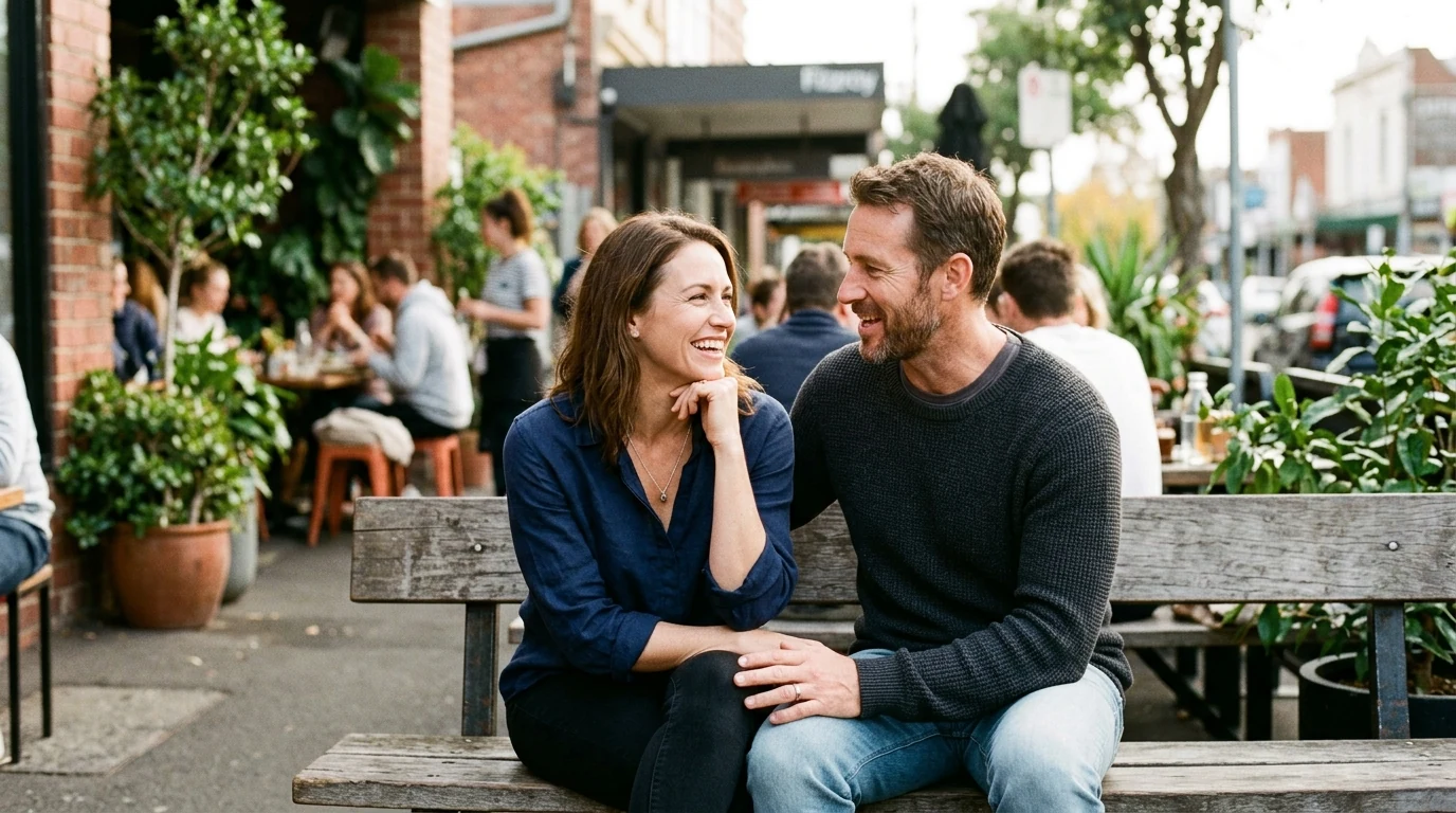 Couple talking on a bench at a brunch spot in Fitzroy in Melbourne in the morning