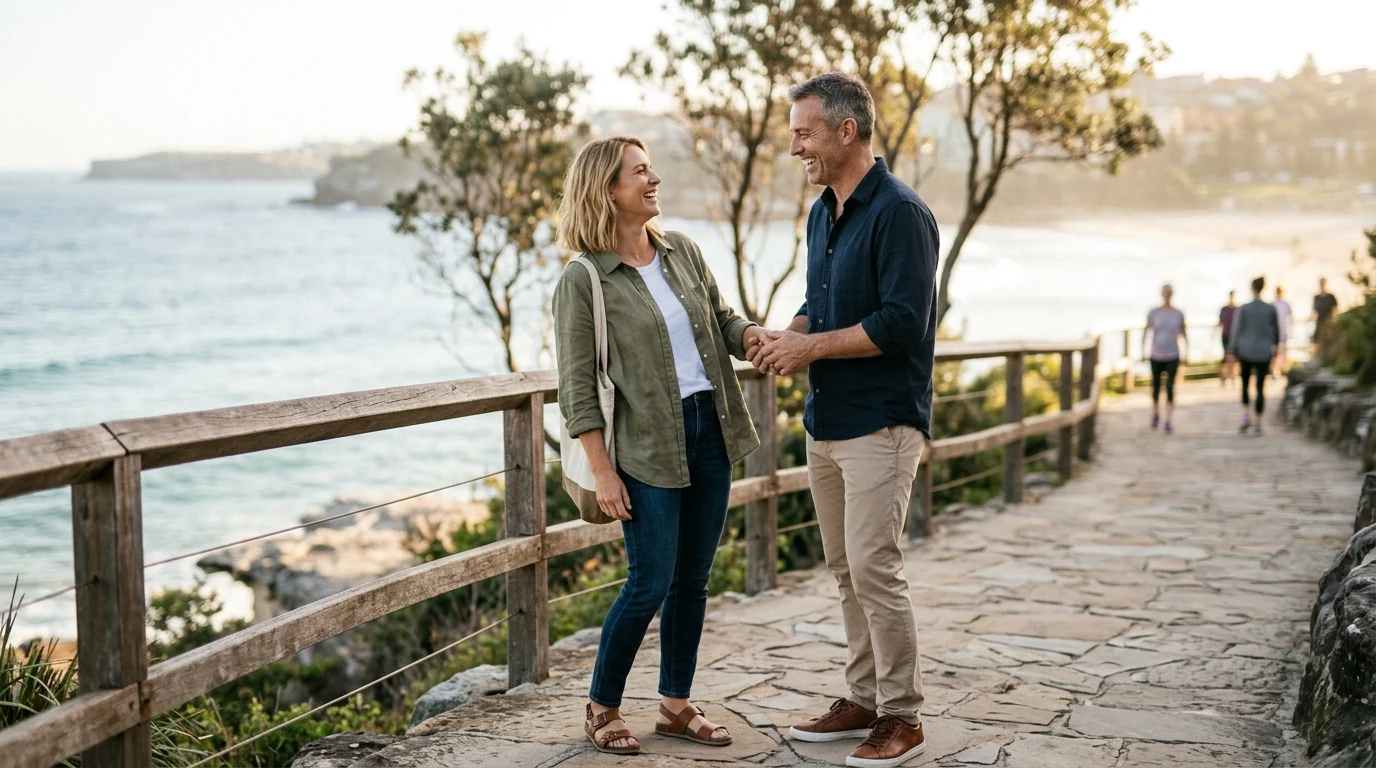 Two people meeting for the first time on a path above the beach in Sydney in the morning