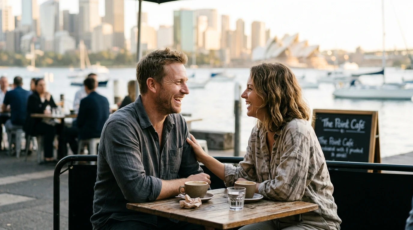 Couple laughing over coffee at a harbourside cafe by the water in Sydney in the afternoon
