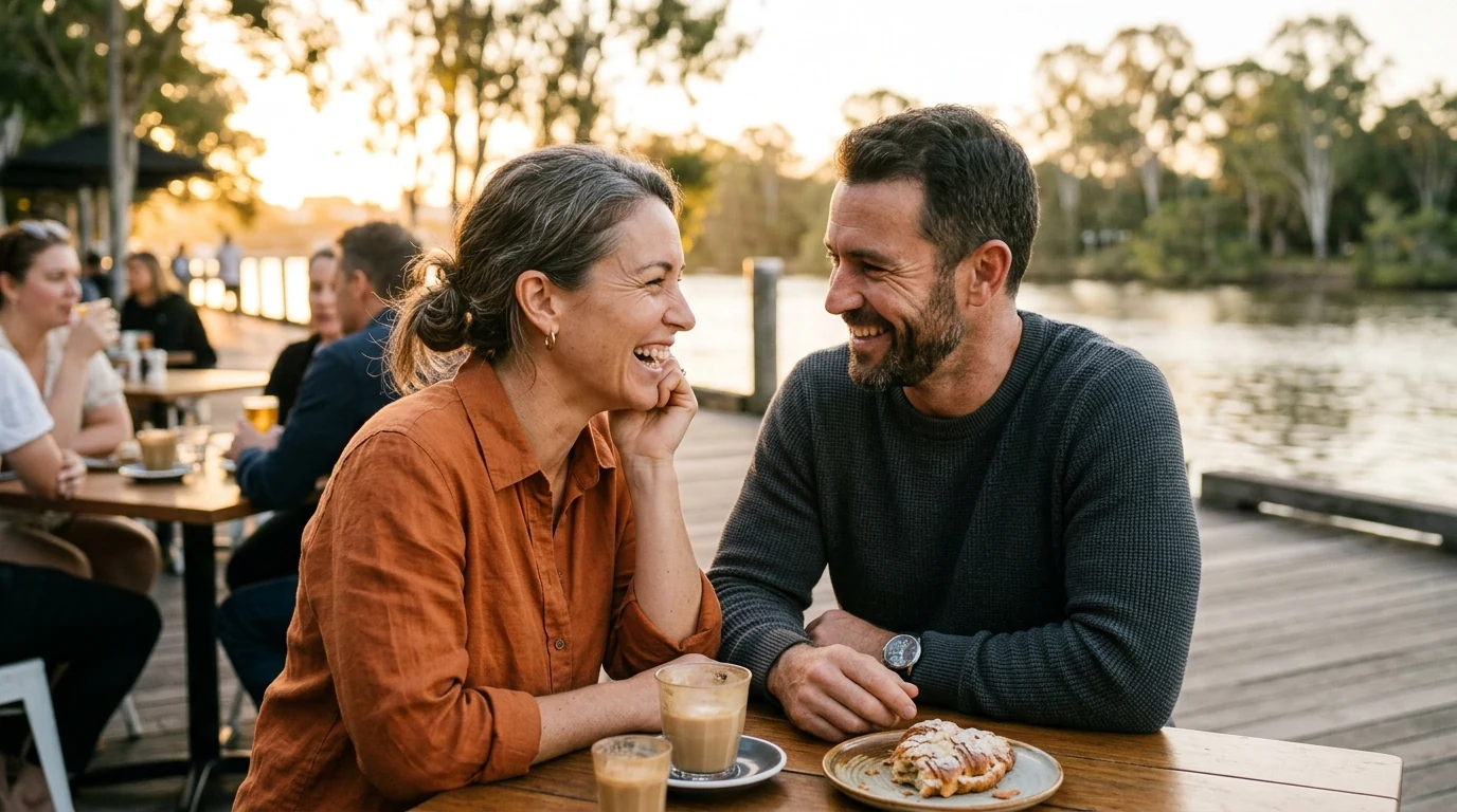 Couple laughing over coffee at a riverside cafe in New Farm in Brisbane at golden hour