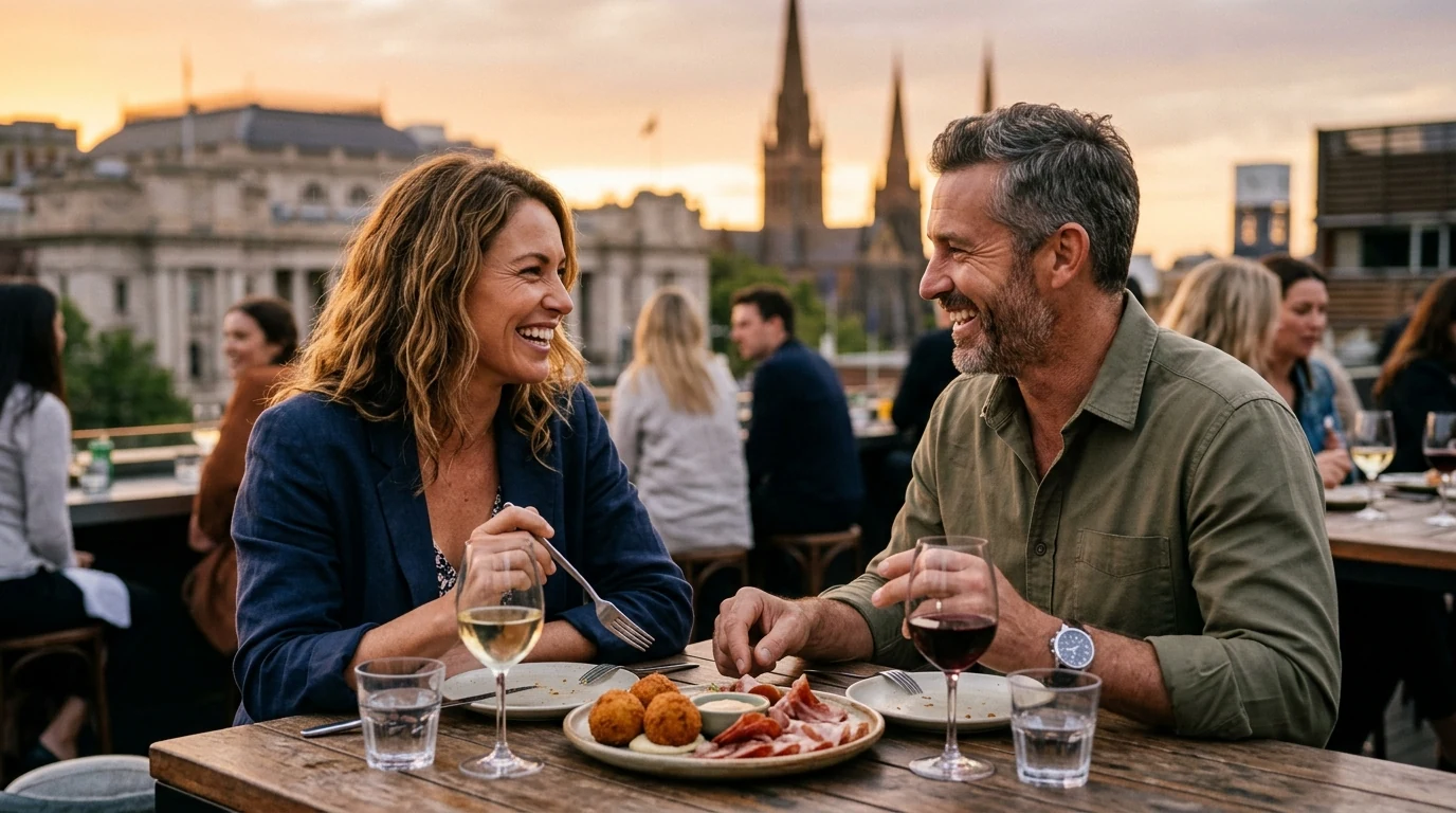 Couple sharing food on a date at a rooftop bar above the city in Melbourne at golden hour