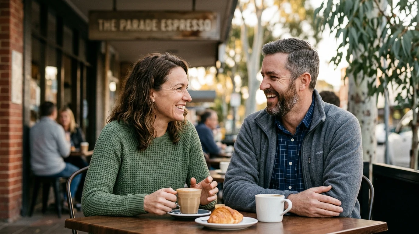 Couple laughing over coffee at a cafe on The Parade in Norwood in Adelaide in the morning
