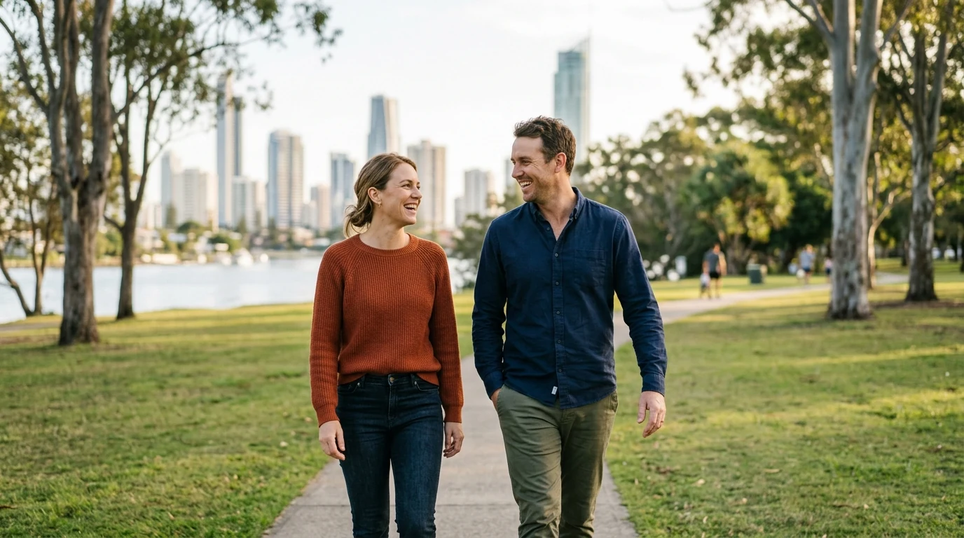 Couple walking and talking together at a park with the skyline behind them on the Gold Coast in the morning