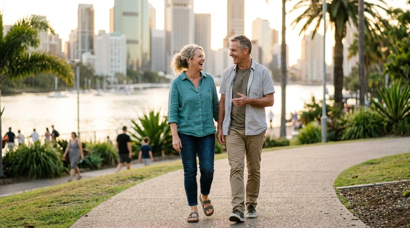 Couple in their fifties walking together at the parklands at South Bank in Brisbane in the afternoon