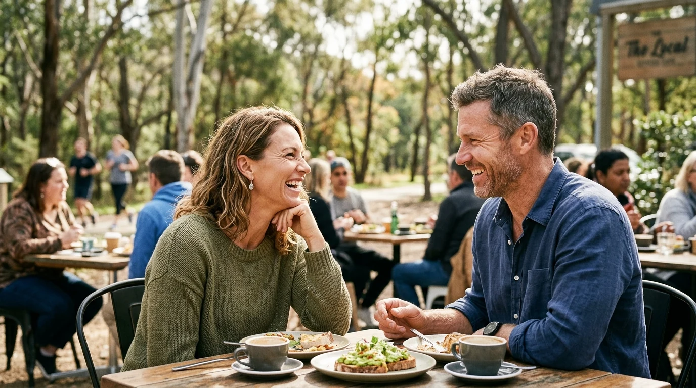 Couple laughing over brunch on a parkrun route through the trees in Canberra at midday