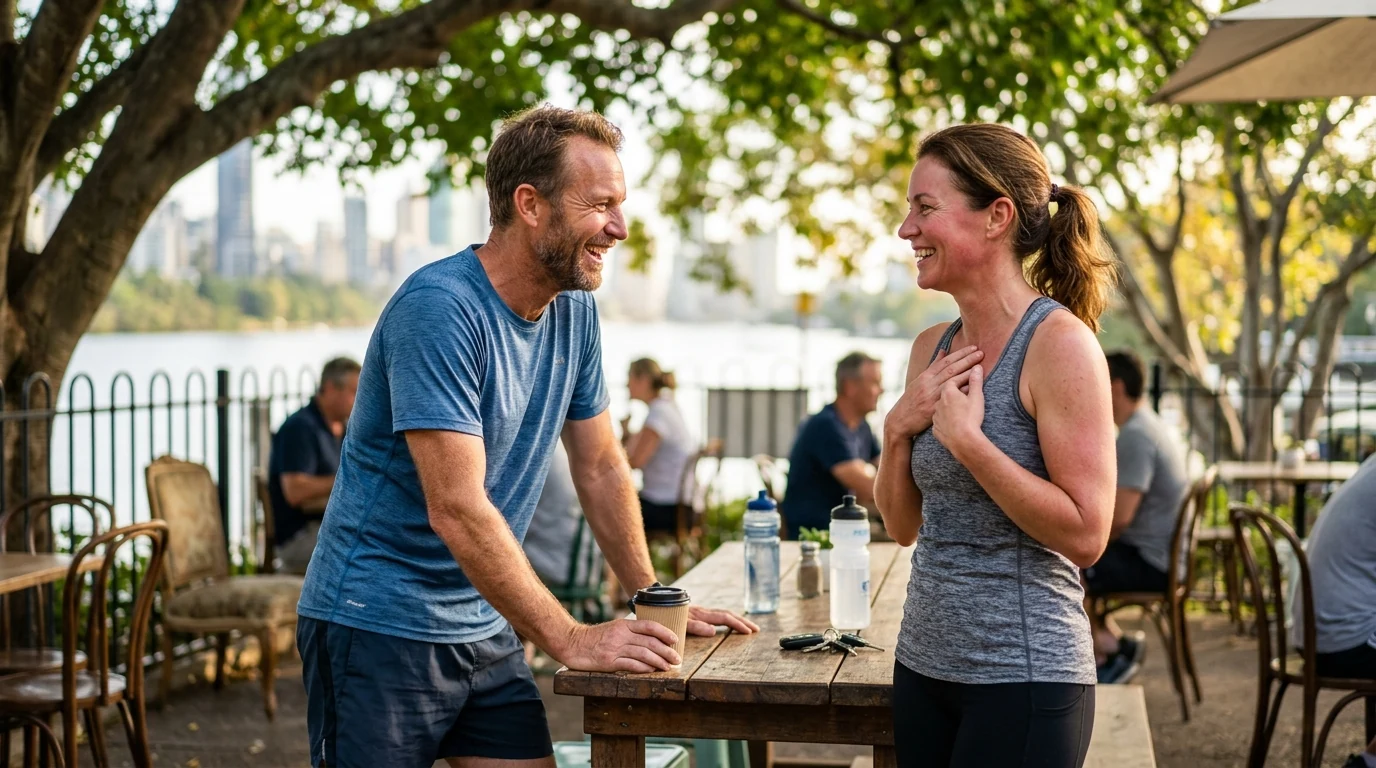 Active couple after a run at a riverside cafe in New Farm in Brisbane in the morning