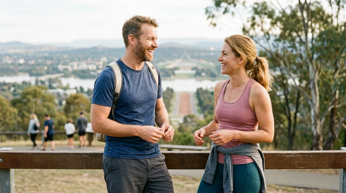 Couple finishing a walk together at a lookout on Mount Ainslie in Canberra on a mild day