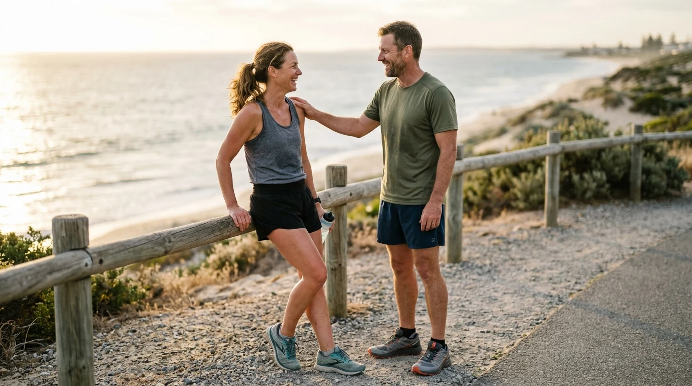 Active couple after a run on the coastal path near Scarborough in Perth at golden hour