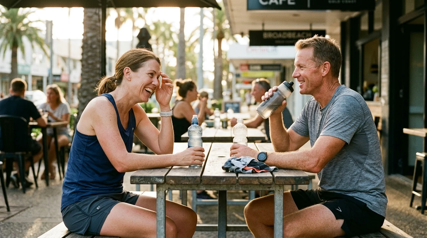 Active couple after a run at an outdoor table in Broadbeach on the Gold Coast in the afternoon