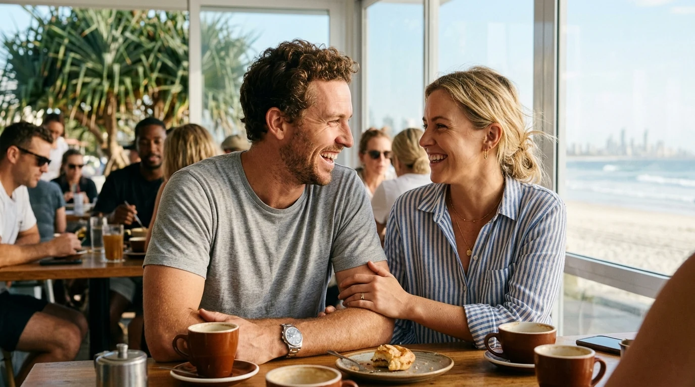 Couple laughing over coffee at a beachfront cafe at Burleigh Heads on the Gold Coast in the morning