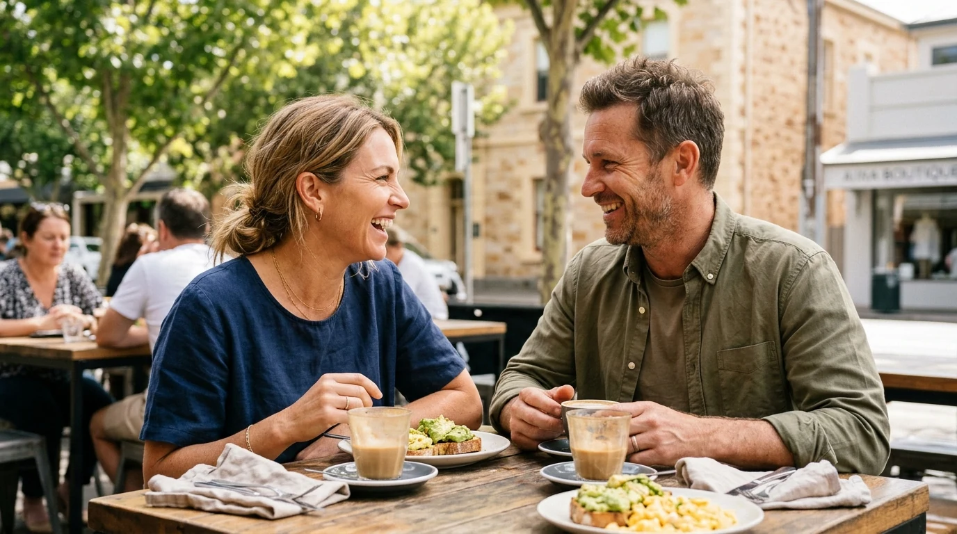 Couple laughing over brunch at an outdoor table in Unley in Adelaide at midday