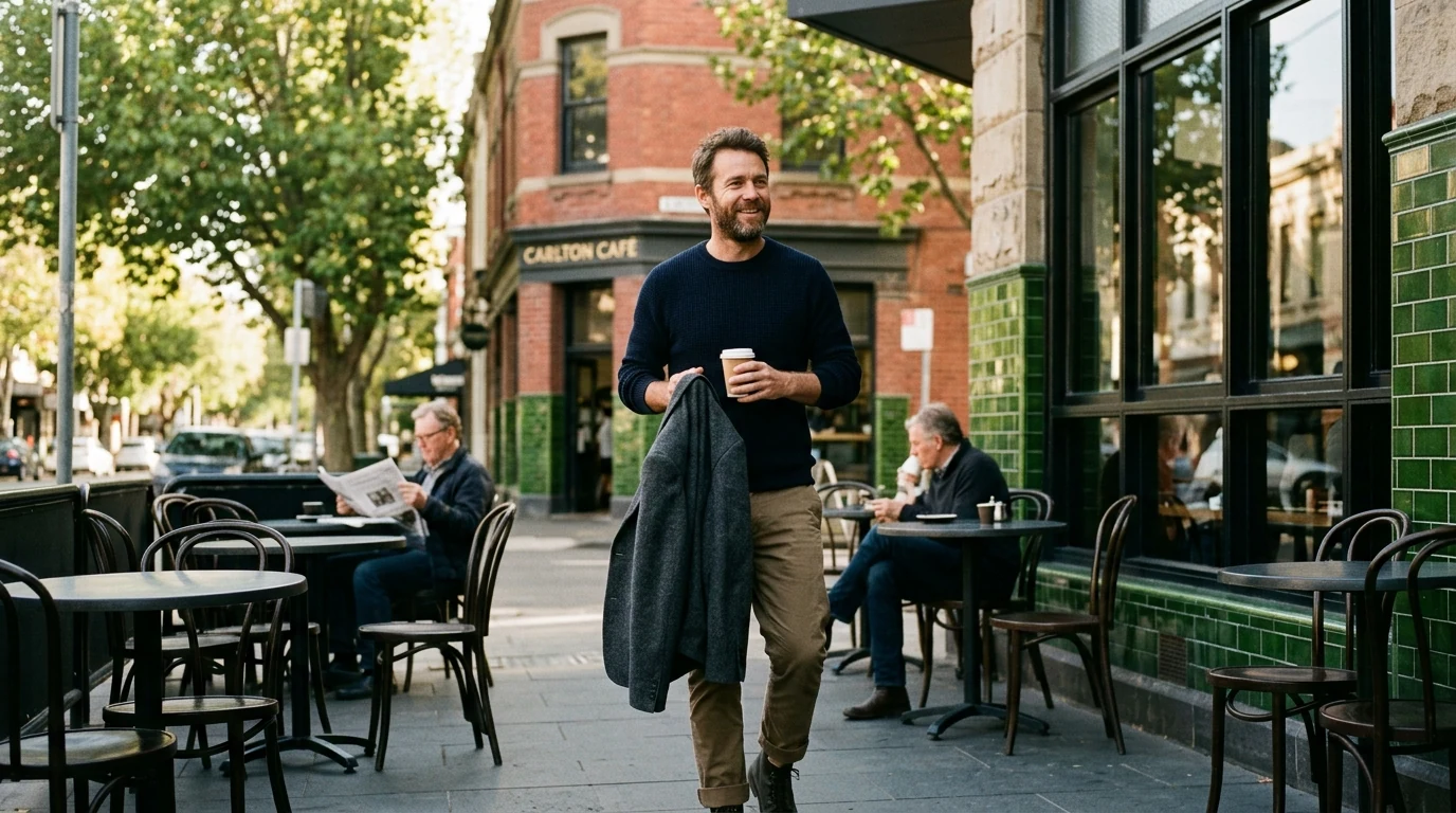 Man heading out looking upbeat at a corner cafe in Carlton in Melbourne in the morning