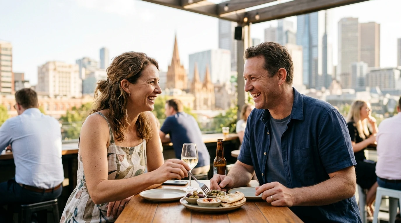 Couple sharing food on a date at a rooftop bar above the city in Melbourne on a mild day