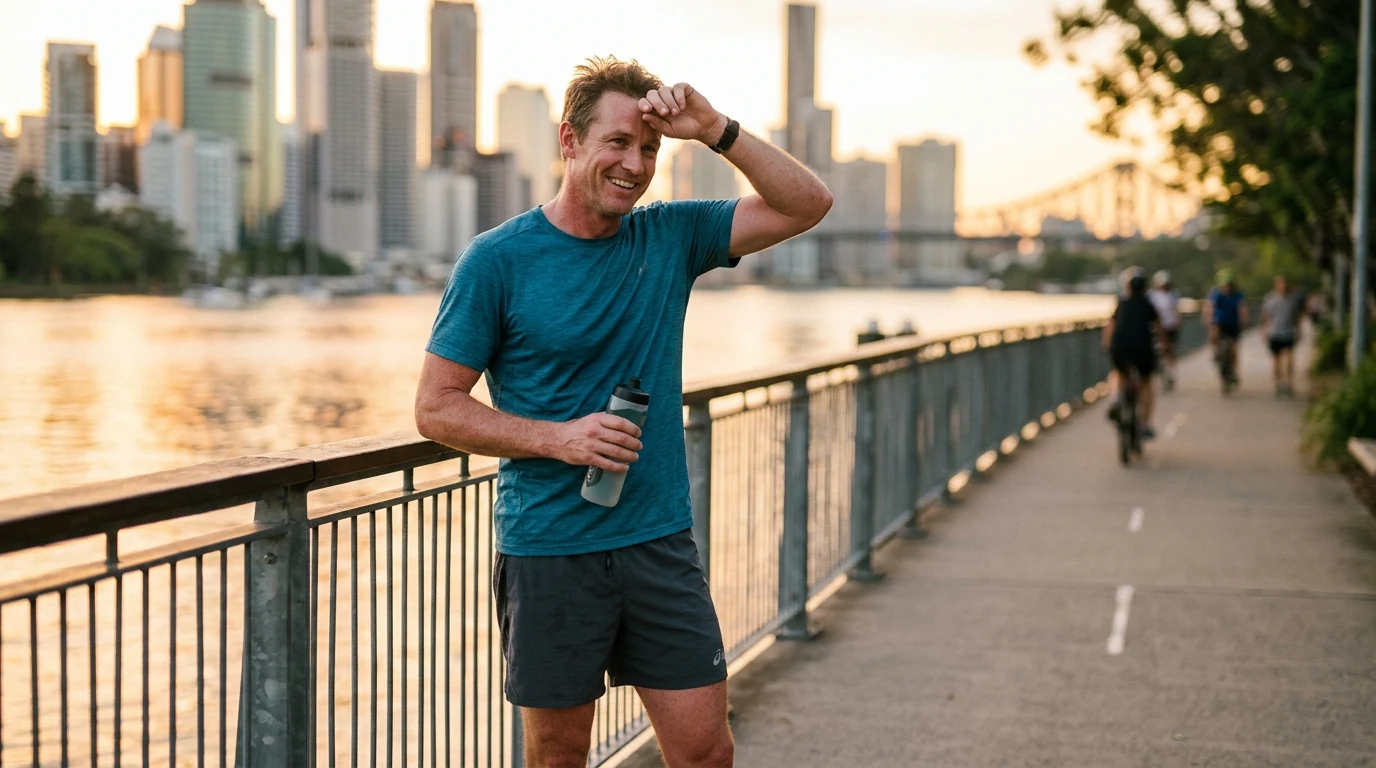 Man relaxed after a run at the bikeway along the Brisbane River in Brisbane at golden hour