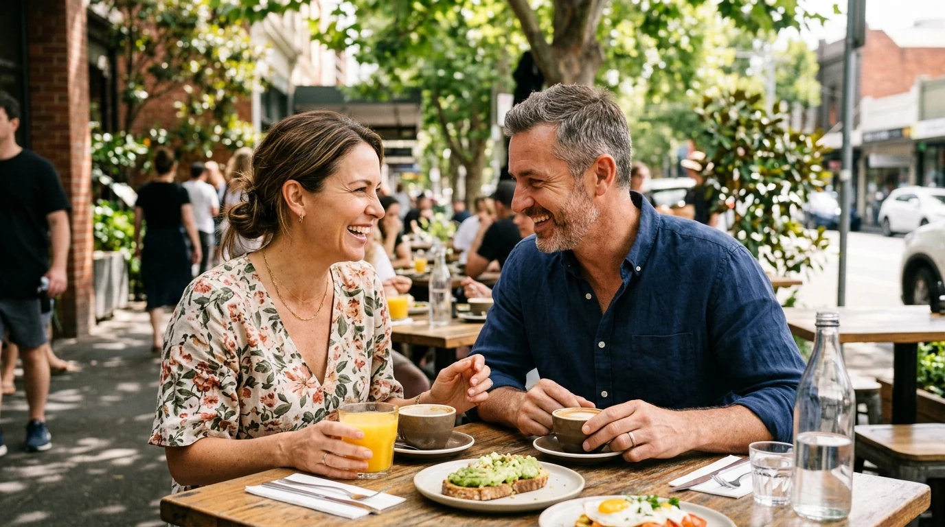 Couple laughing over brunch on a leafy street in South Yarra in Melbourne at midday
