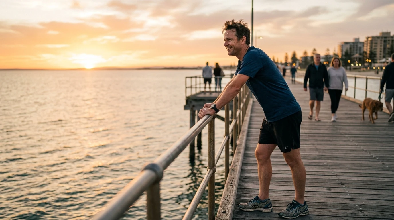 Man relaxed after a run on the jetty at Glenelg in Adelaide at golden hour