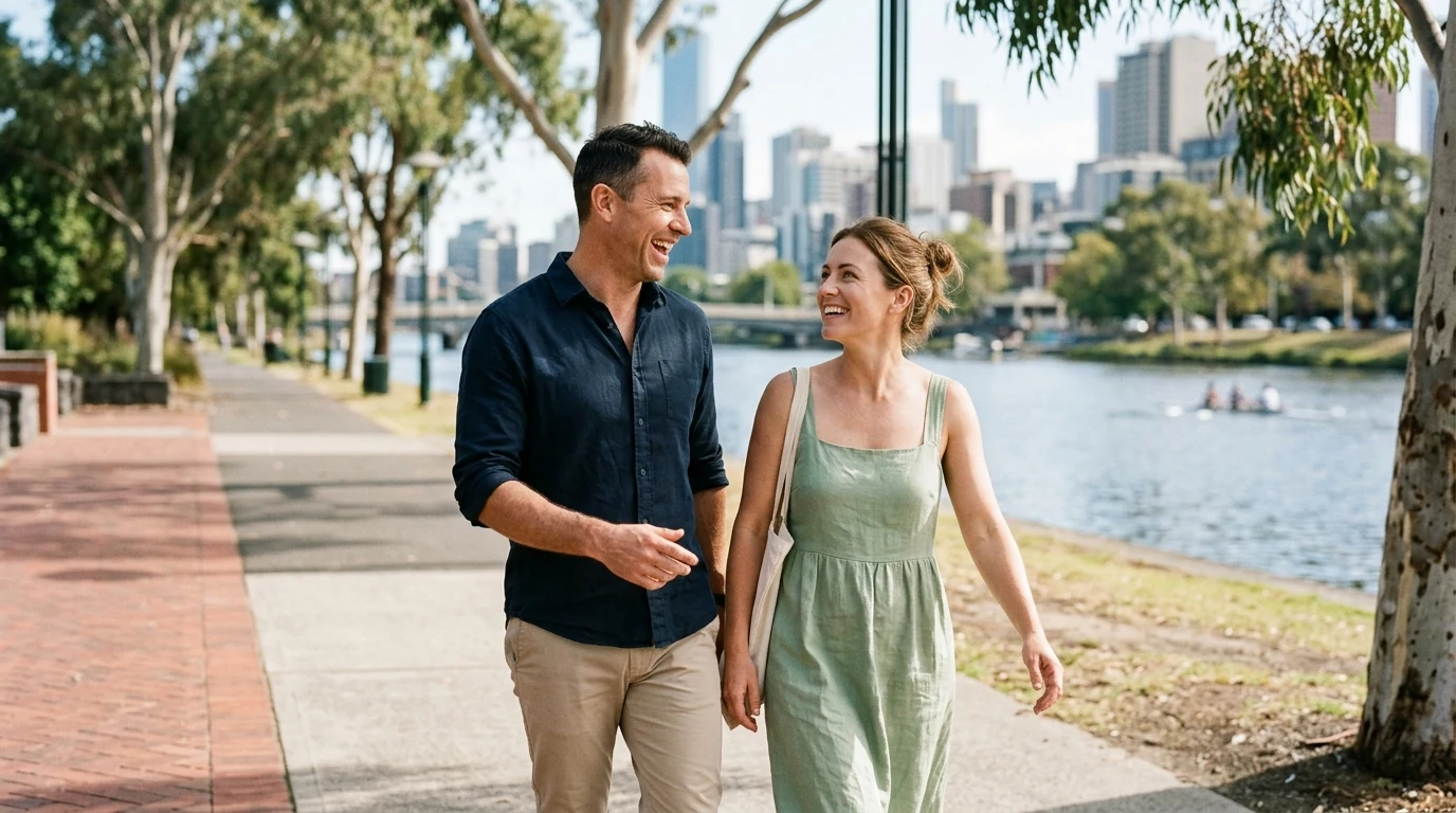 Couple walking and talking together on a riverside walk along the Yarra in Melbourne at midday